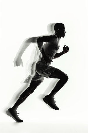 A stylized depiction of an athlete in mid-stride, showcasing speed and movement with a blurred silhouette effect.の素材