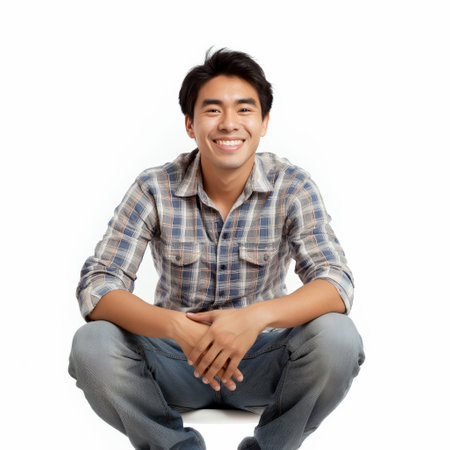 Cheerful young man with a bright smile sitting casually on the floor, hands on knees, isolated on white.の素材