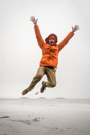 Person in vibrant orange jacket and red beanie joyfully jumping on a sandy beach with a foggy overcast sky.の素材