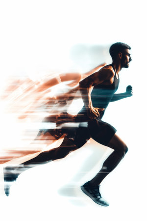Silhouette of a male athlete with motion blur, symbolizing speed, endurance, and healthy lifestyle.の素材
