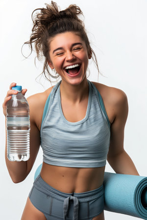 Energetic fitness enthusiast laughing and holding a water bottle, ready for a workout session with a yoga mat.の素材