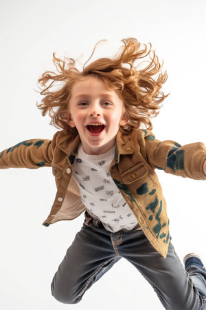 Young girl caught mid-air with flowing hair and a bright smile, radiating happiness and energy.の素材
