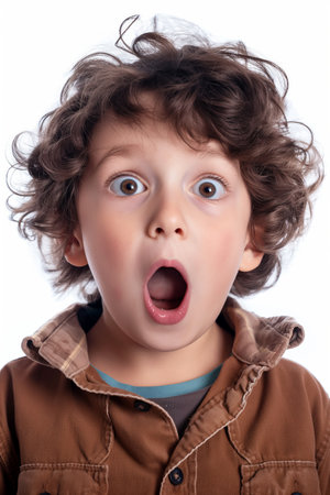 Close-up of a young boy with curly hair, wide eyes, and an open mouth, expressing shock or surprise.の素材