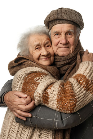 Warm portrait of a smiling elderly couple hugging, showcasing timeless love and companionship.の素材