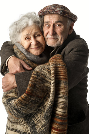 An affectionate senior couple hugging, showcasing enduring love and happiness through golden years.の素材