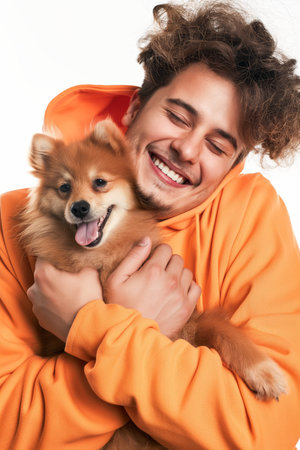 Delighted young man in a vibrant orange sweatshirt hugging his adorable Pomeranian puppy, both smiling brightly.の素材
