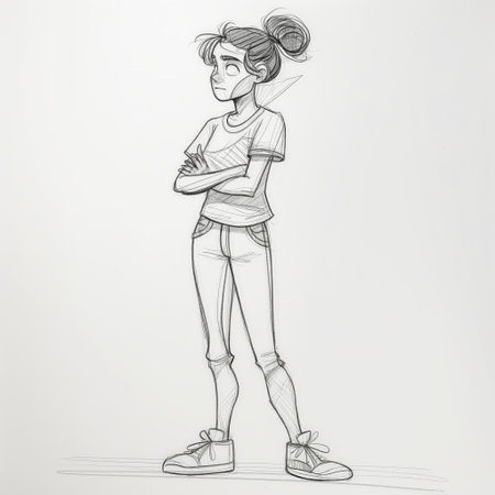 A sketched image of a young girl standing with her arms folded, displaying a contemplative or introspective expression.の素材