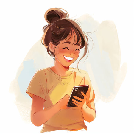 A cheerful young woman smiling while looking at her smartphone, conveying happiness and connectivity.の素材