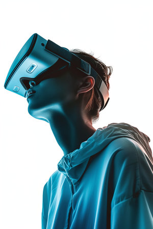 Profile of a person experiencing VR technology against an isolated background.の素材