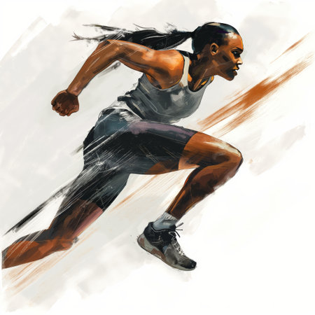 Artistic illustration of an athletic woman in mid-sprint, depicting motion and determination.の素材