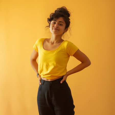 A smiling young woman posing with hands on her hips and a playful hairstyle.の素材