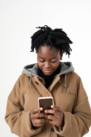 A focused young woman using a smartphone against a white background.の素材