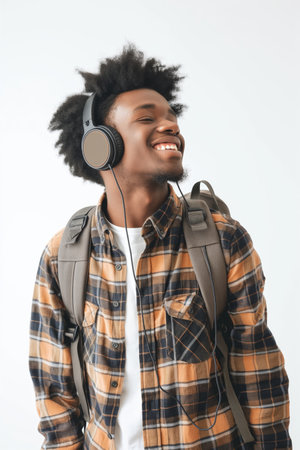 Young man smiling with eyes closed, wearing headphones, expressing happiness and musical bliss.の素材