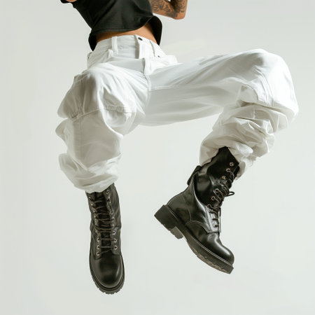 Stylish person mid-jump showcasing trendy boots and white cargo pants against a neutral background.の素材