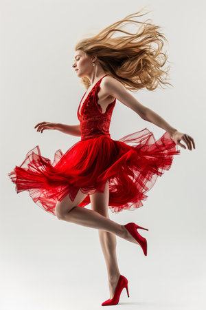 Dynamic female dancer in mid-twirl with flowing red dress and high heels against a neutral background.の素材