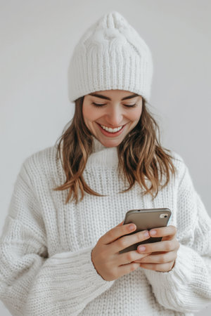 Smiling woman in white knit hat and sweater cheerfully using her phone.の素材