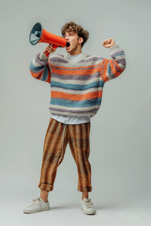 Young male expressing enthusiasm with a megaphone on a neutral background.の素材