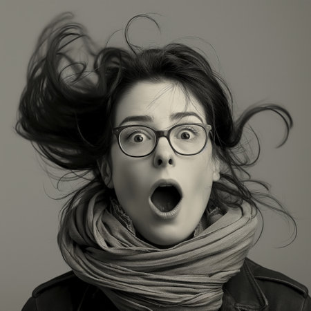 A monochrome portrait of a surprised woman with windswept hair and wide-open eyes.の素材