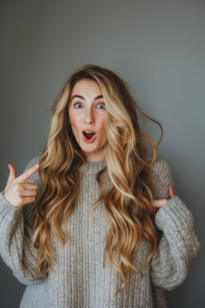 Joyful young woman with long blond hair, pointing at herself with a surprised and happy expression.の素材