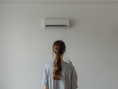 A woman faces an air conditioning unit on the wall, remote in hand, as she adjusts the settings.の素材