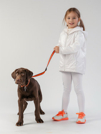 A smiling young girl holding a leash with her attentive chocolate labrador dog on a white backdrop.の素材