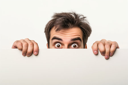 Man with wide eyes peeking over edge showing curiosity and astonishment.の素材