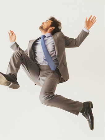 A dynamic image of a businessman appearing to be in mid-fall, expressing surprise and loss of control.の素材