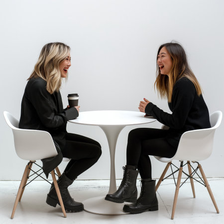 Two women sharing a laugh over coffee in a minimalist setting.の素材