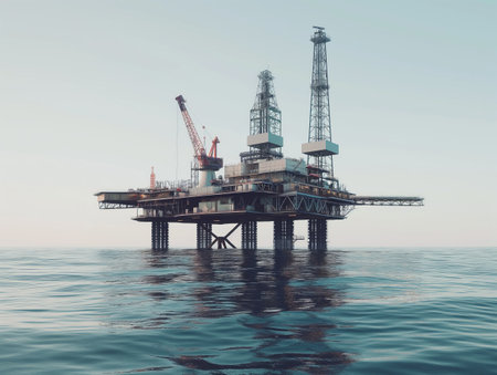 An offshore oil drilling platform stands in calm sea waters under a clear sky during early morning light.の素材