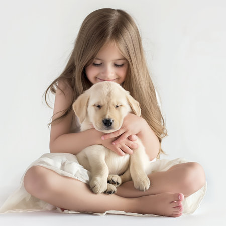 A young girl gently embraces a sleepy Labrador puppy, showcasing the innocence and friendship between a child and a pet.の素材