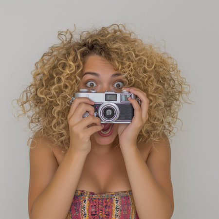 Young woman with curly hair holding a vintage camera, eyes wide in anticipation.の素材