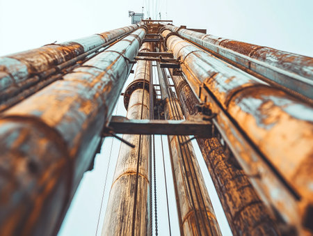 Weathered rusty pipes tower into the sky, depicting industrial decline or aging infrastructure.の素材