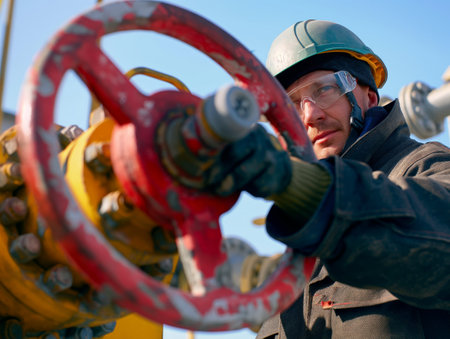 Close-up of a male industrial worker with helmet and safety glasses focused on adjusting a large red pipeline valve.の素材
