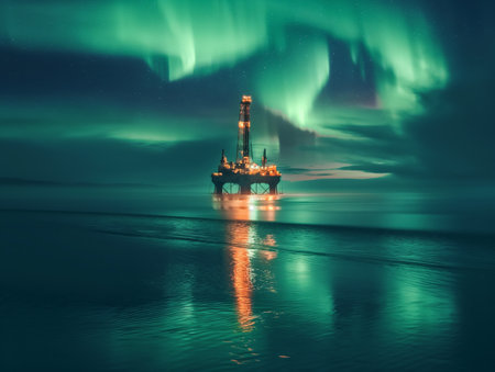 An offshore oil rig illuminated by the ethereal glow of the aurora borealis at night, reflecting on the calm ocean surface.の素材