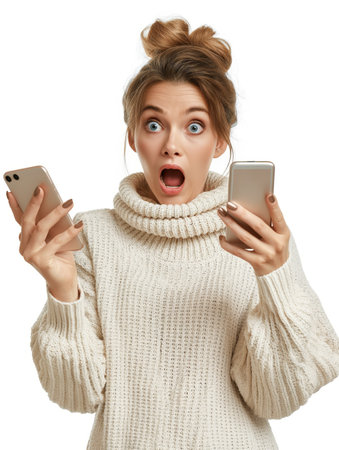 Young woman expresses shock while looking at one of two smartphones in her hands.の素材