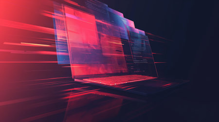 A laptop emitting holographic digital interface in a dark setting illustrating advanced technology.の素材