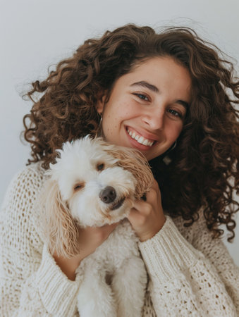 A cheerful young woman with curly hair smiling while holding her cute white dog, conveying a warm moment of companionship.の素材