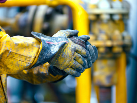 Close-up of a workers hands with dirty yellow gloves gripping a yellow machine part.の素材