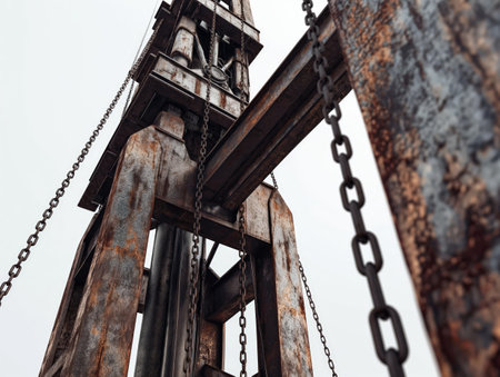Close-up of aged, rusting metal industrial equipment with chains, depicting decay and obsolescence.の素材