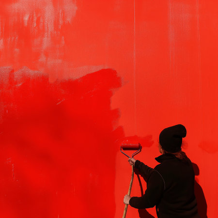 Person painting a wall bright red, mid-action with paint roller.の素材
