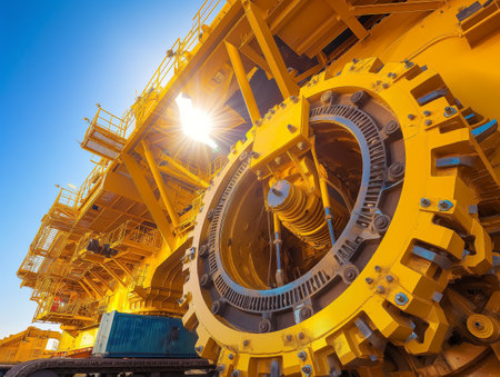 Majestic view of colossal yellow machine parts under a blue sky with sun flare.の素材