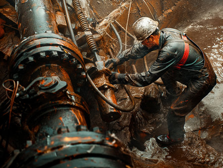 A worker in protective gear is fixing machinery, surrounded by dirt and oil, depicting harsh working conditions.の素材