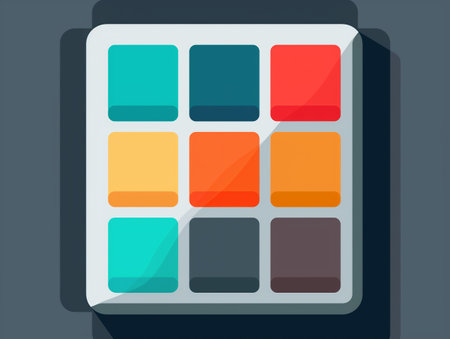 A stylized image featuring an assortment of colorful square blocks in a grid format on a muted grey backdrop.の素材