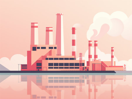 Pastel-colored illustration of an industrial factory with smokestacks emitting plumes of smoke, reflected on water.の素材
