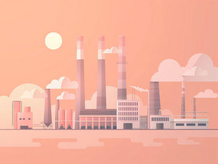Stylized illustration of an industrial complex against a warm sunset sky.の素材