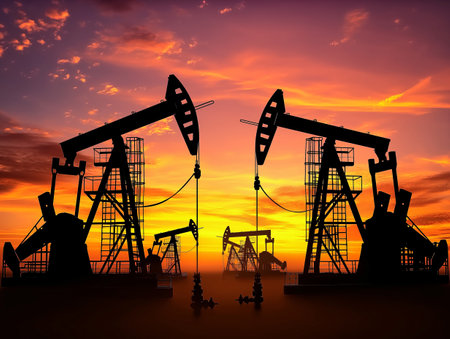 Silhouette of oil pump jacks against a vibrant sunset sky, symbolizing energy industry.の素材