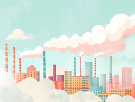 Stylized illustration of a city with factories emitting smoke against a pastel sky.の素材