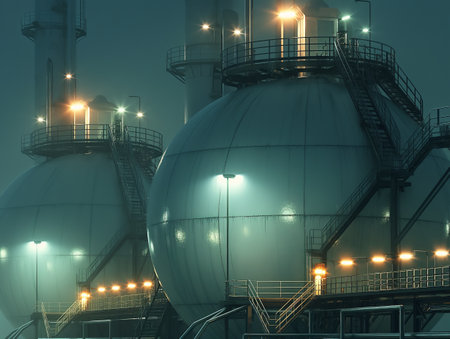 Spherical storage tanks illuminated by lights in foggy industrial setting.の素材
