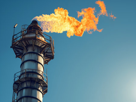 A flare burning off gas emissions at an industrial plant against a clear blue sky.の素材