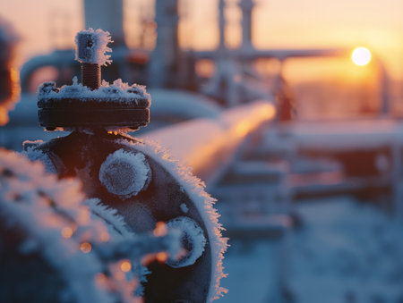 Close-up of a frosted industrial valve with hoarfrost crystals against a blurred sunrise backdrop, conveying coldness in an industrial setting.の素材
